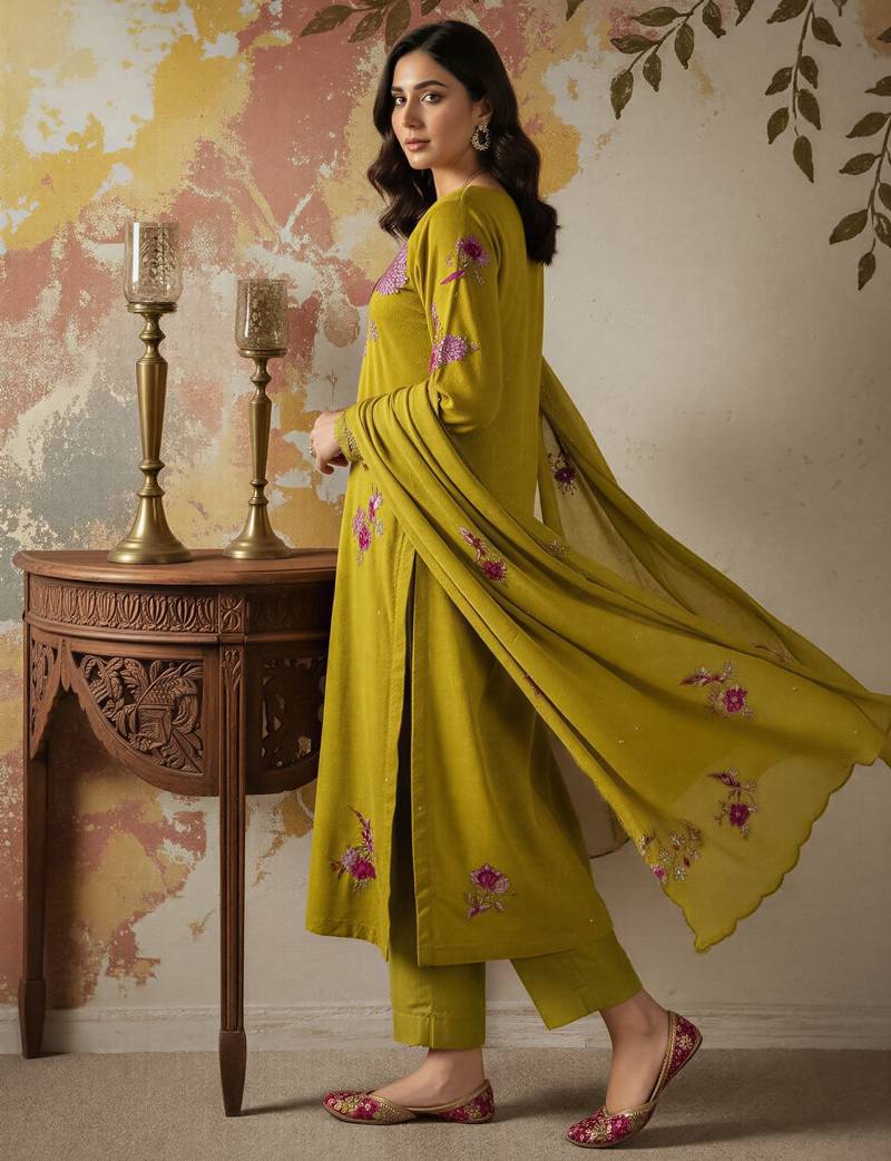 Green chanderi embroidered kurta pant set