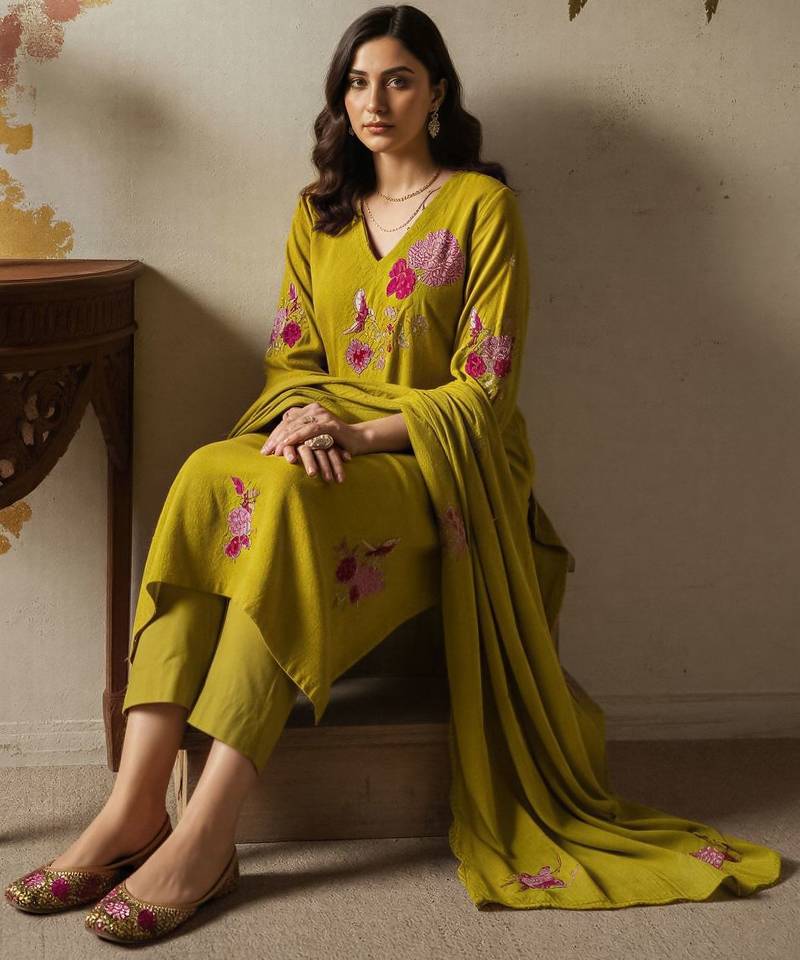 Green chanderi embroidered kurta pant set