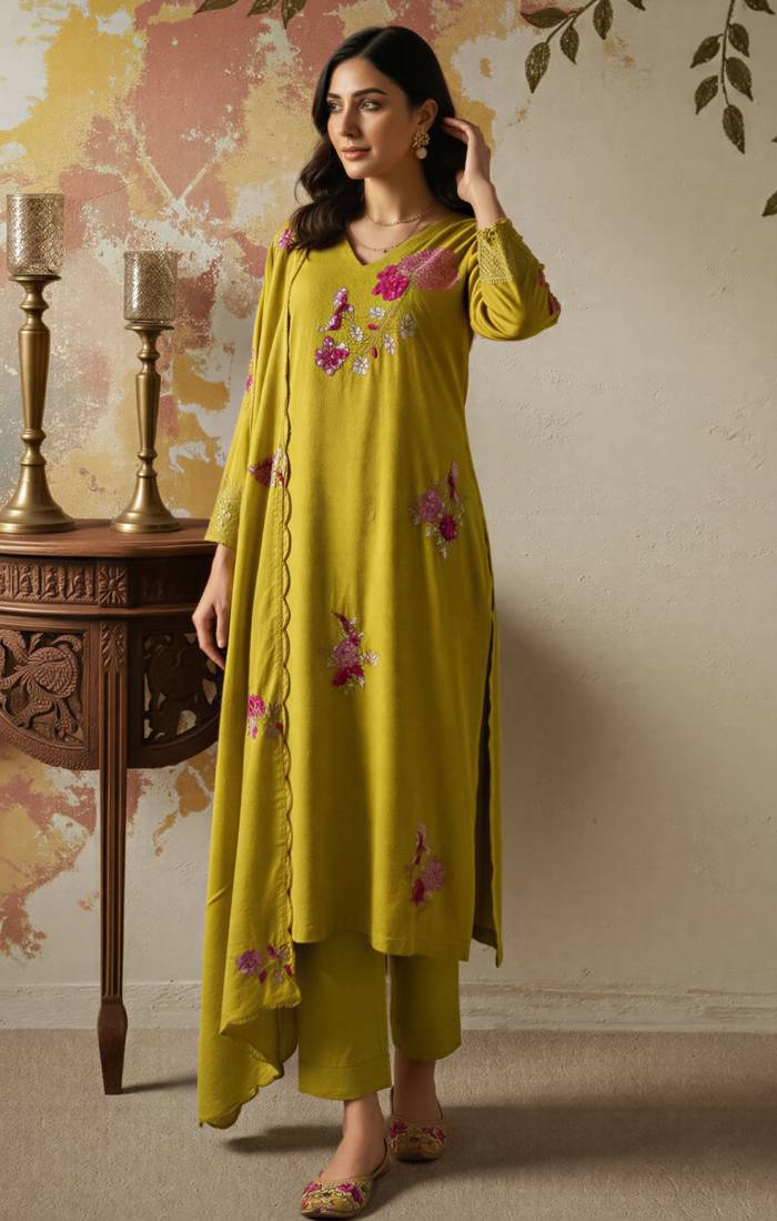 Green chanderi embroidered kurta pant set