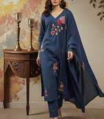Blue chanderi embroidered kurta pant set