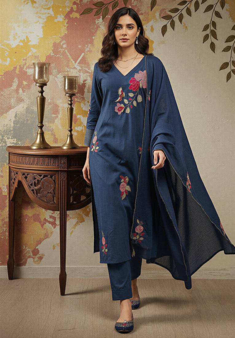 Blue chanderi embroidered kurta pant set