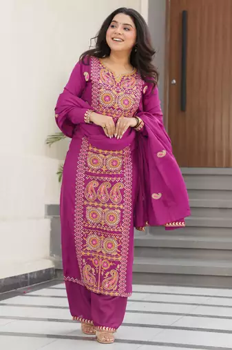 Magenta color chinon fabric designer embroidery work suit for trendy girlie looks