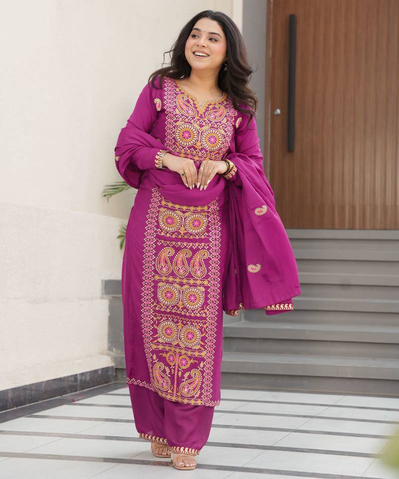 Magenta chinon embroidery work suit 
