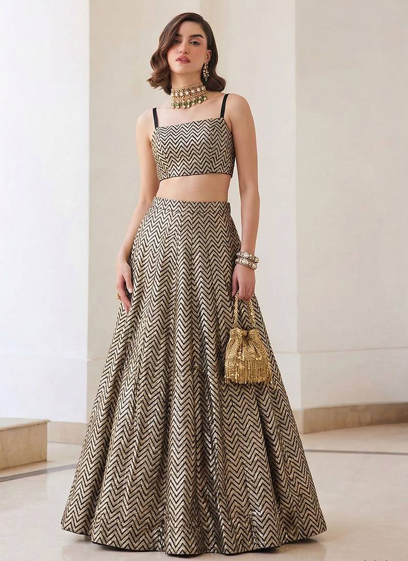 beige soft silk jacquard embellished lehenga choli set