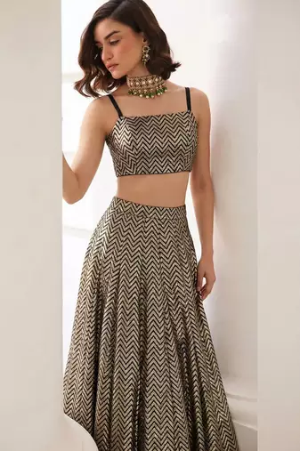 beige soft silk jacquard embellished lehenga choli set