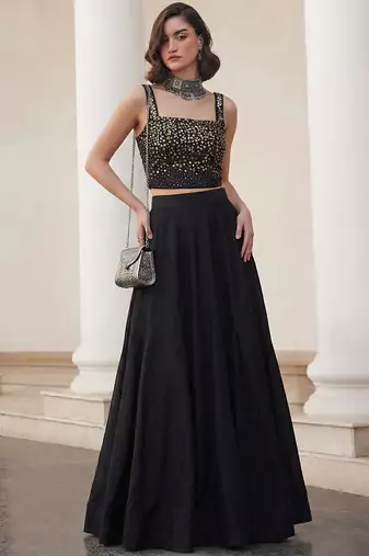 black soft silk jacquard embellished lehenga choli set