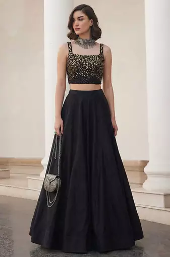 black soft silk jacquard embellished lehenga choli set