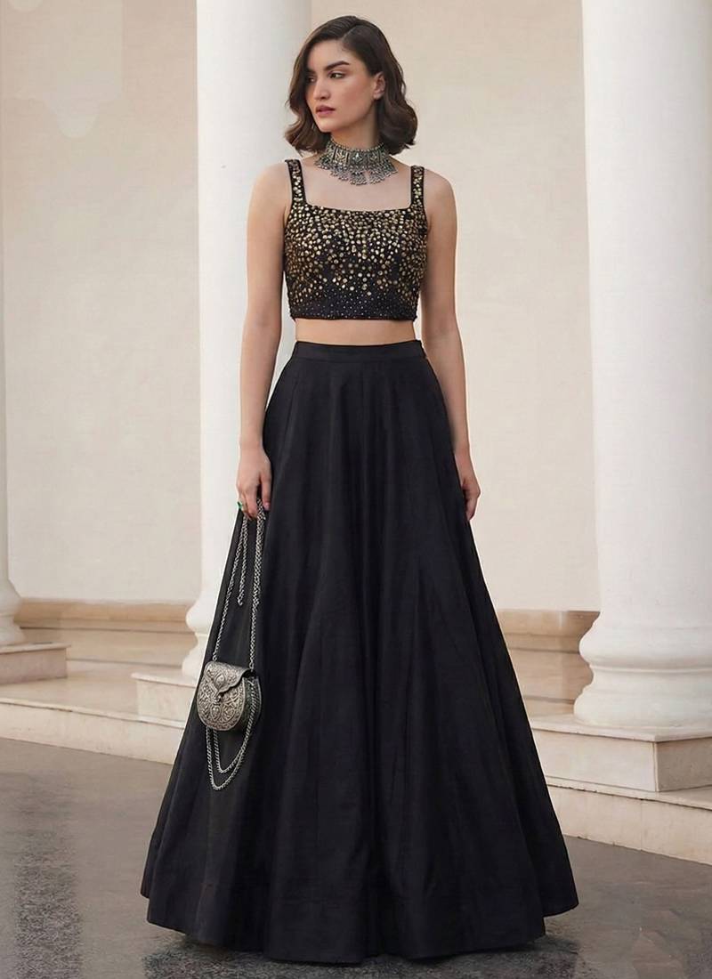 black soft silk jacquard embellished lehenga choli set