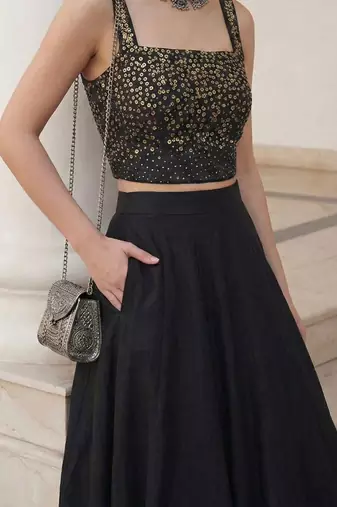 black soft silk jacquard embellished lehenga choli set