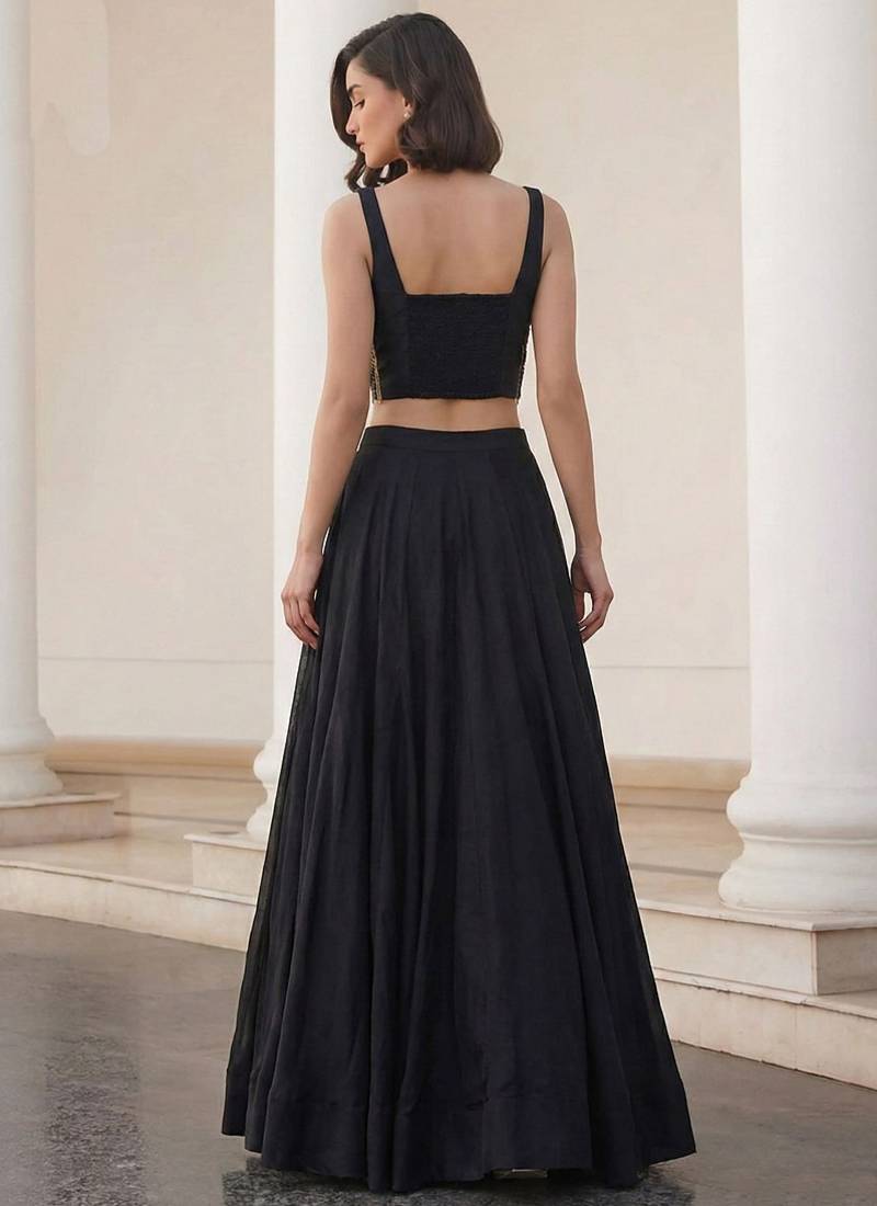 black soft silk jacquard embellished lehenga choli set