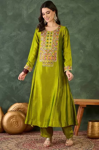 Green vichitra silk embroidery suit