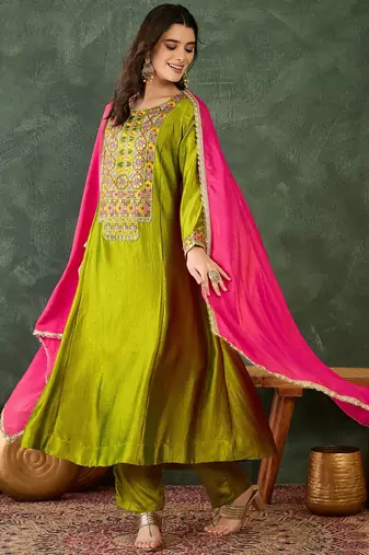 Green vichitra silk embroidery suit