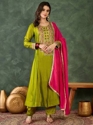 Green vichitra silk embroidery suit 1