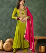 Green vichitra silk embroidery work  suit