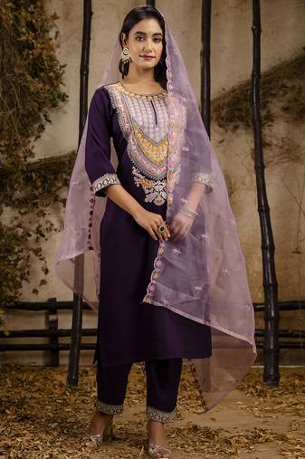 purple embroidered viscose rayon straight kurta set with dupatta