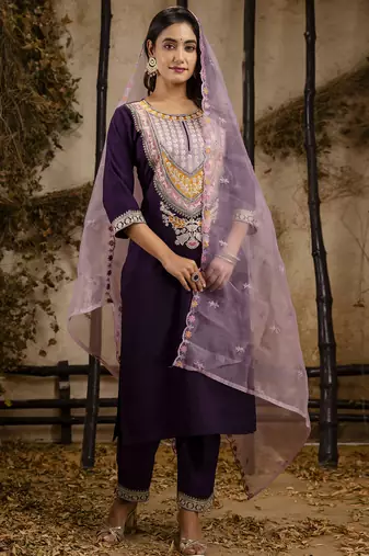 purple embroidered viscose rayon straight kurta set with dupatta