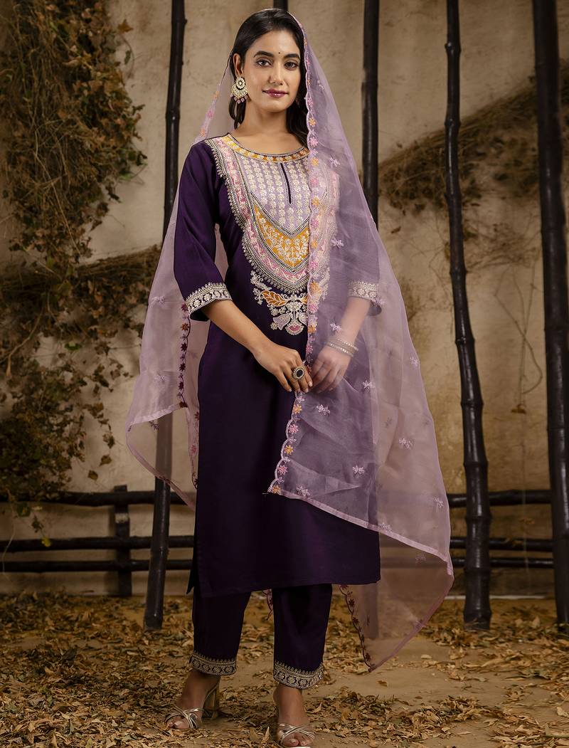 purple embroidered viscose rayon straight kurta set with dupatta