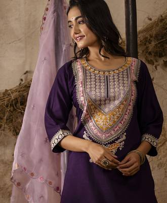 purple embroidered viscose rayon straight kurta set with dupatta 3