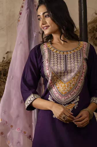 purple embroidered viscose rayon straight kurta set with dupatta
