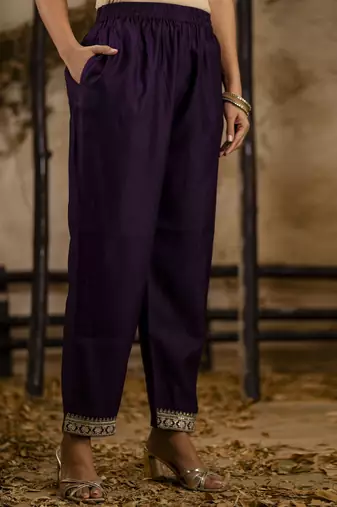 purple embroidered viscose rayon straight kurta set with dupatta