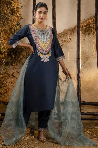 teal embroidered viscose rayon straight kurta set with dupatta