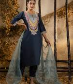 teal embroidered viscose rayon straight kurta set with dupatta