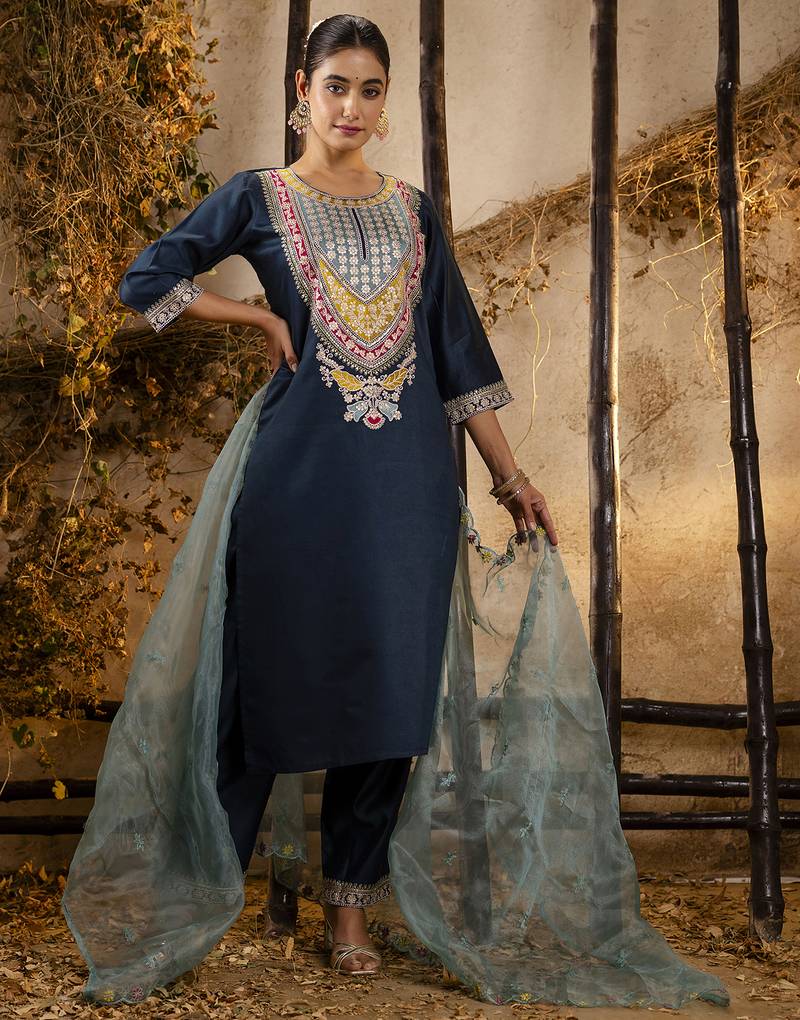 teal embroidered viscose rayon straight kurta set with dupatta