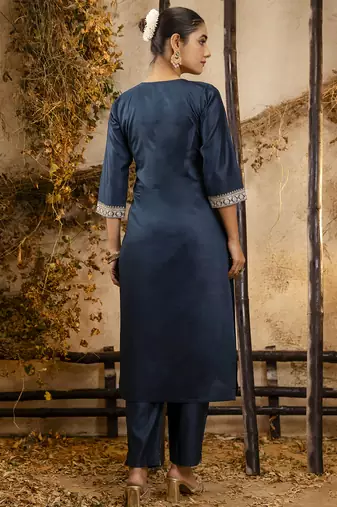 teal embroidered viscose rayon straight kurta set with dupatta