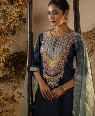 teal embroidered viscose rayon straight kurta set with dupatta 3