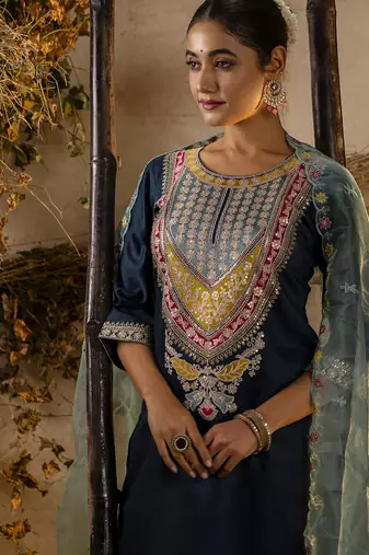 teal embroidered viscose rayon straight kurta set with dupatta