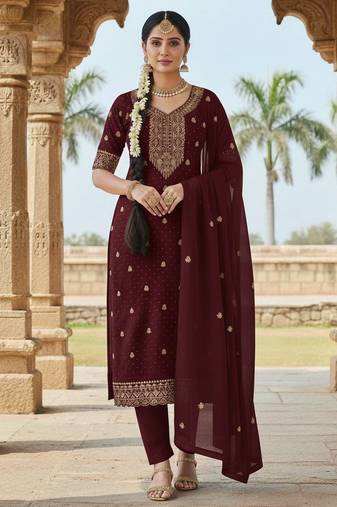 maroon embroidered georgette salwar kameez for festive occasions