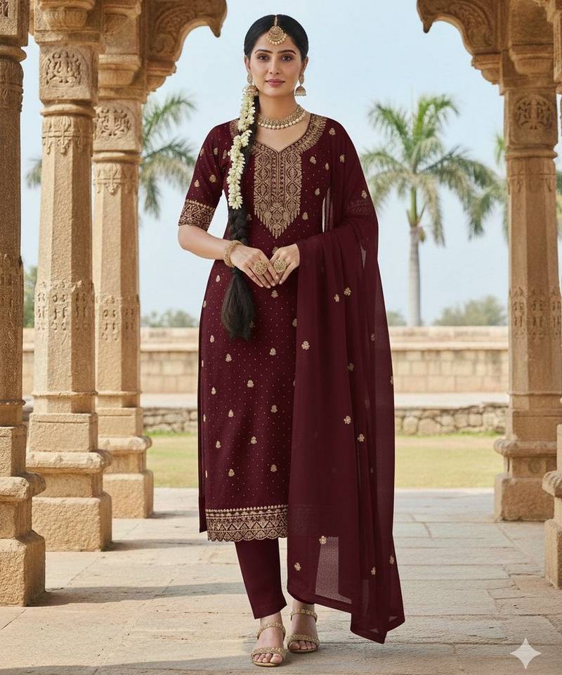 maroon embroidered georgette salwar kameez for festive occasions