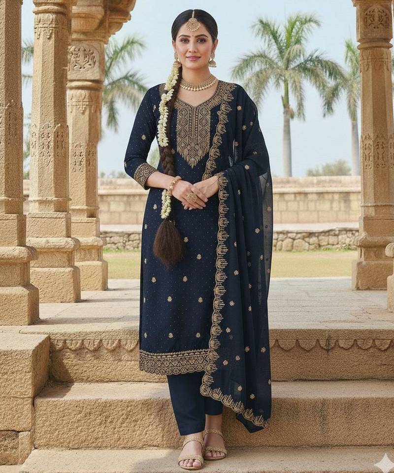 blue embroidered georgette salwar kameez for festive wear