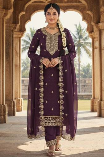 purple embroidered georgette salwar kameez for special occasions