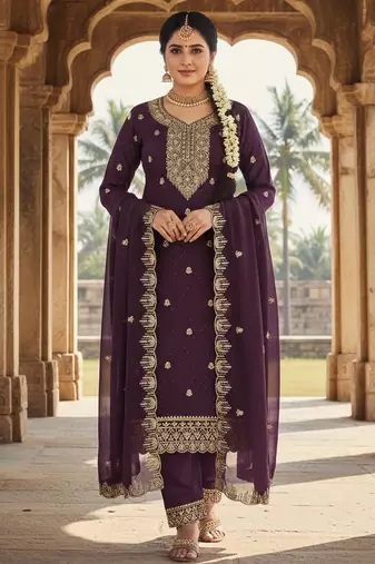 purple embroidered georgette salwar kameez for special occasions