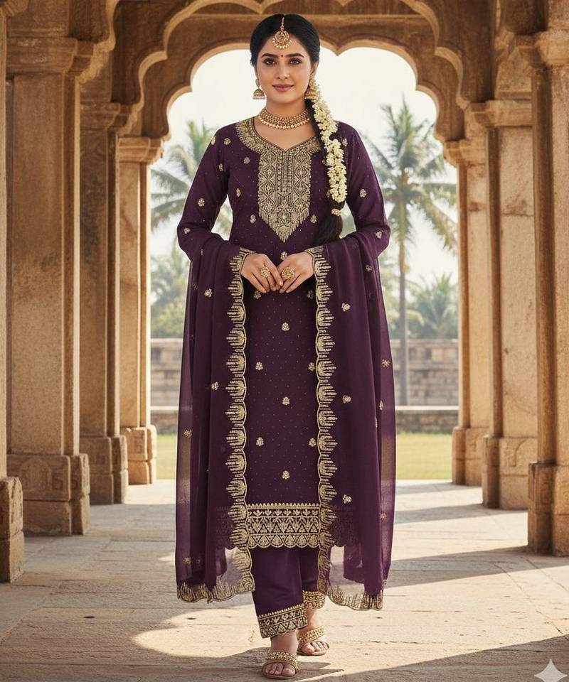 purple embroidered georgette salwar kameez for special occasions