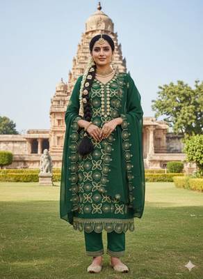 green embroidered georgette salwar kameez for festive wear 1