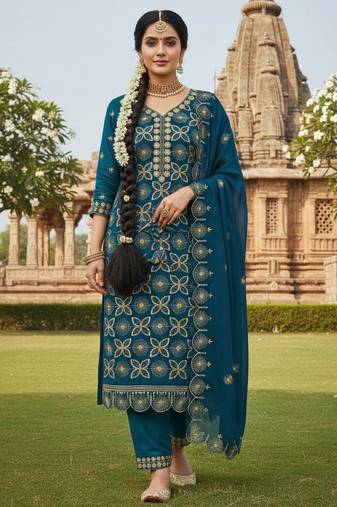 teal embroidered georgette salwar kameez for party wear