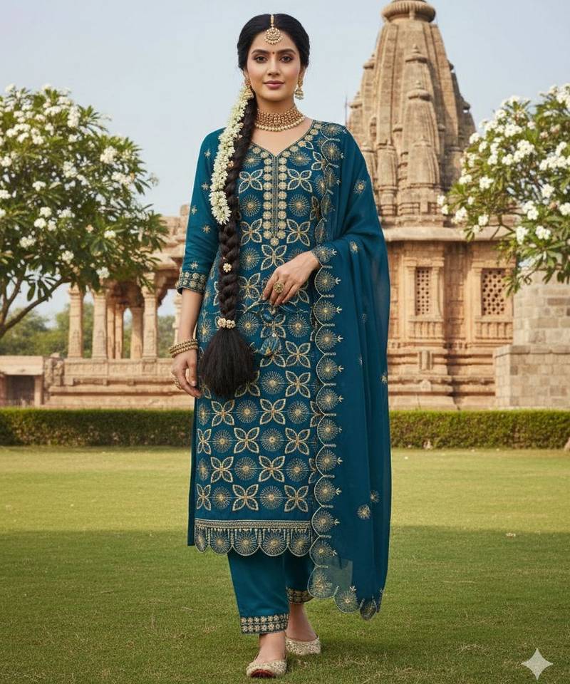 teal embroidered georgette salwar kameez for party wear