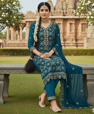 teal embroidered georgette salwar kameez for party wear 2