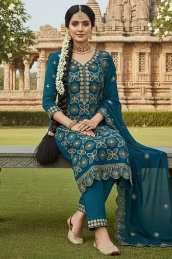 teal embroidered georgette salwar kameez for party wear