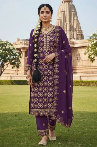 lavender embroidered georgette salwar kameez for festive occasions