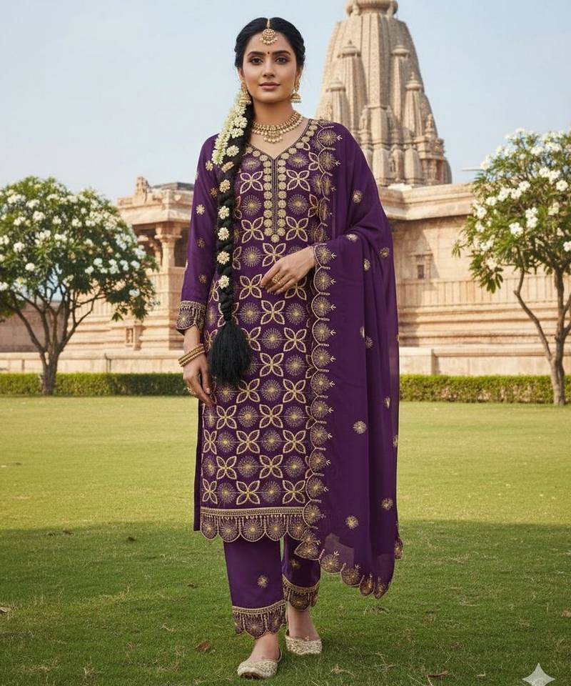 lavender embroidered georgette salwar kameez for festive occasions