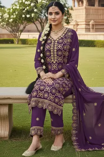 lavender embroidered georgette salwar kameez for festive occasions