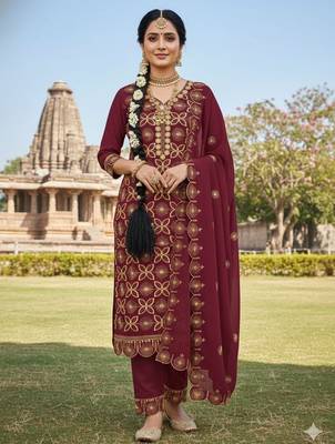 maroon embroidered georgette salwar kameez for festive wear 1
