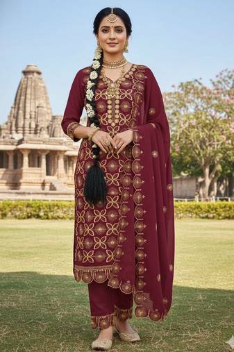 maroon embroidered georgette salwar kameez for festive wear
