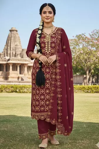 maroon embroidered georgette salwar kameez for festive wear