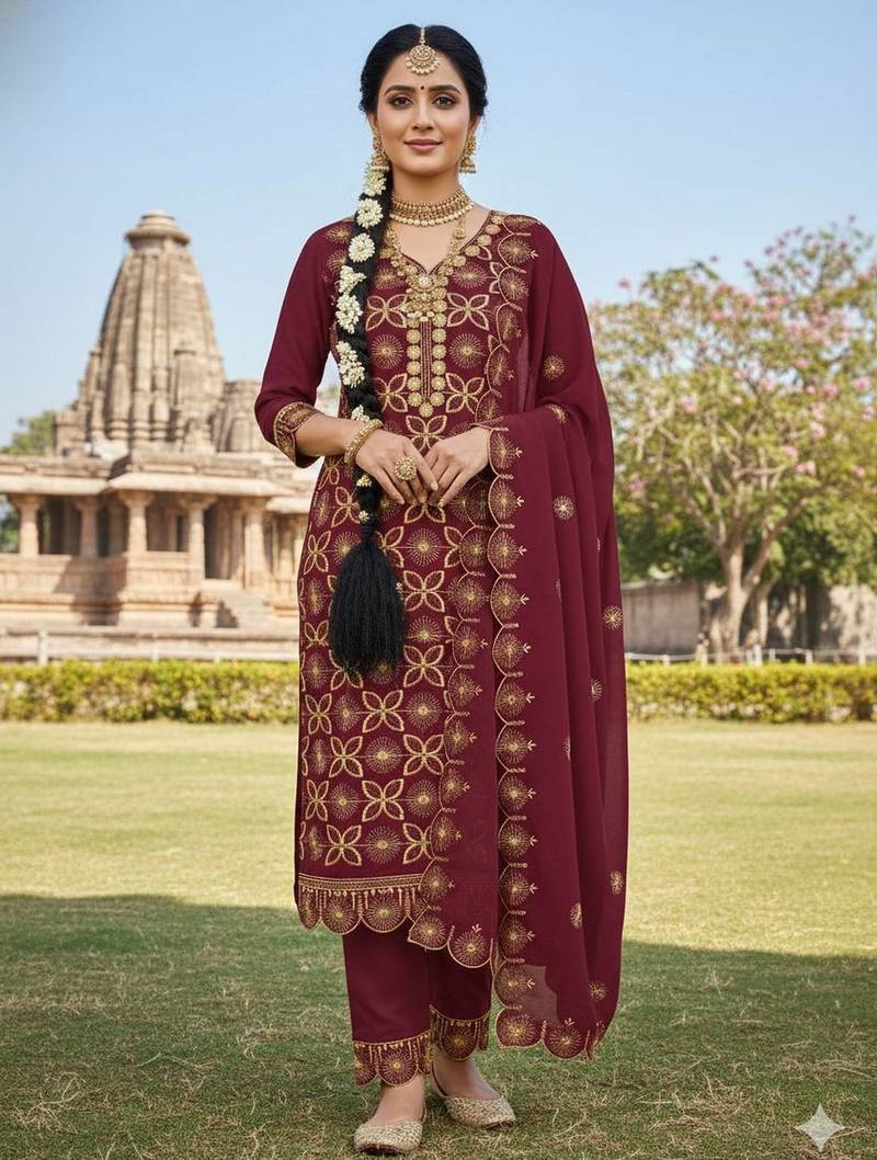 maroon embroidered georgette salwar kameez for festive wear