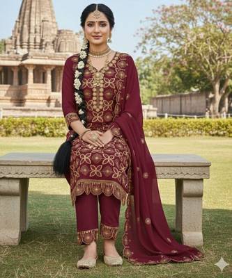 maroon embroidered georgette salwar kameez for festive wear 2