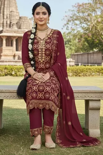 maroon embroidered georgette salwar kameez for festive wear